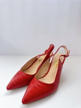 Size 8.5 Red Croc Embossed Slingback Heels Pointed Toe Elegant Pumps YDN